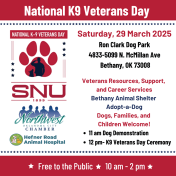 Event flyer for National K9 Veterans Day on March 29, 2025, at Ron Clark Dog Park in Bethany, OK, featuring activities like a dog demonstration and K9 Veterans Day ceremony, along with resources for veterans and information about adopting dogs.