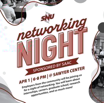 Promotional graphic for SNU Networking Night, featuring event details including date, time, location, and sponsorship by SAAC, emphasizing opportunities for internships, careers, and graduate school.