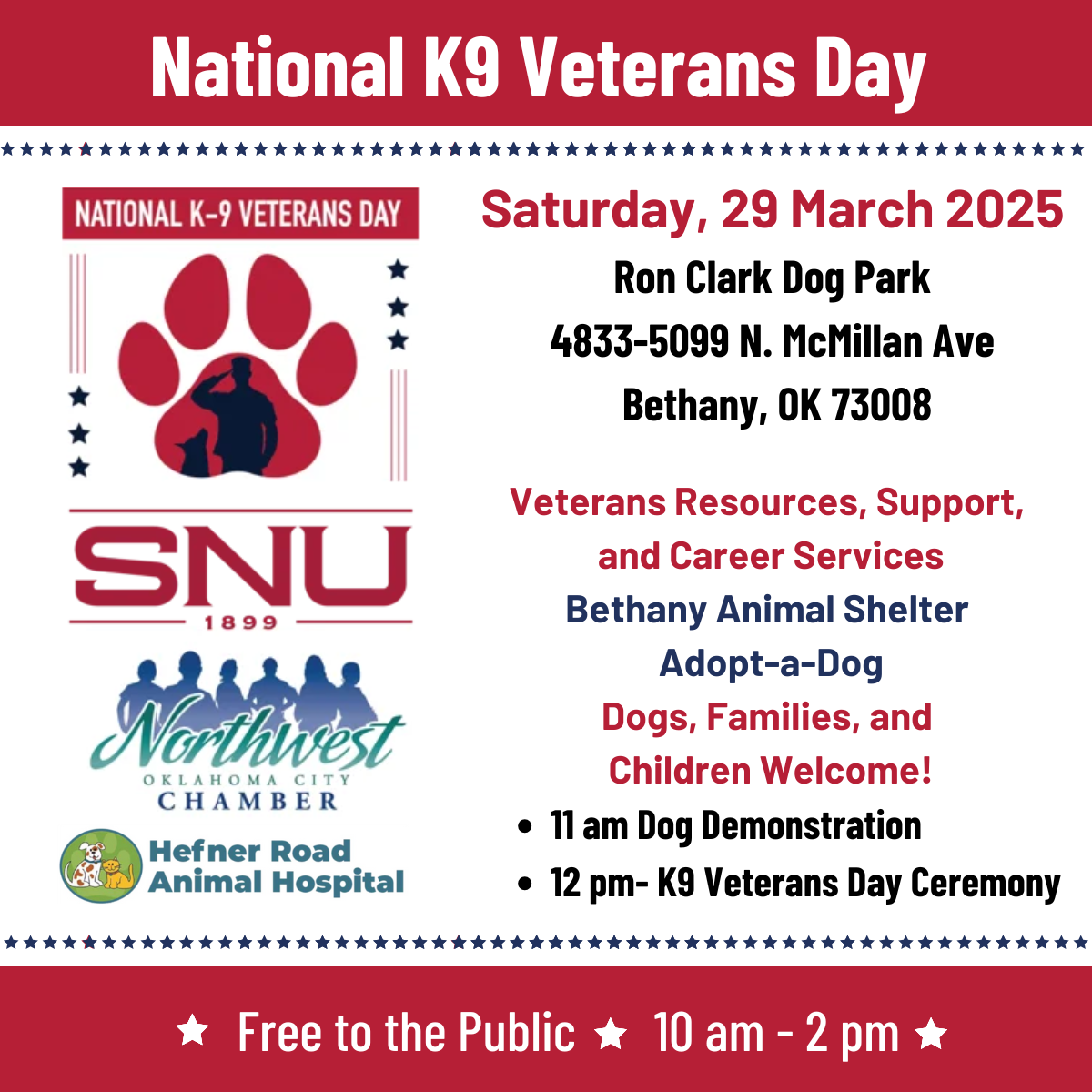 Event flyer for National K9 Veterans Day on March 29, 2025, at Ron Clark Dog Park in Bethany, OK, featuring activities like a dog demonstration and K9 Veterans Day ceremony, along with resources for veterans and information about adopting dogs.