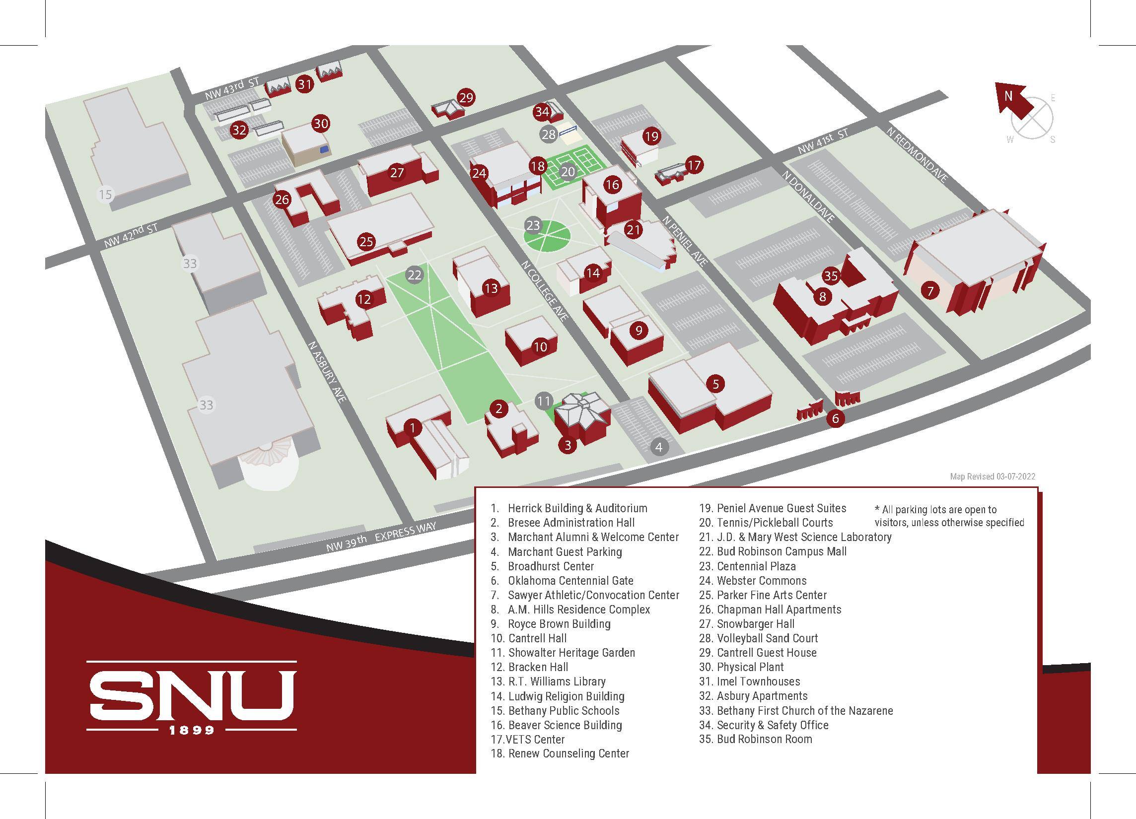 Map of Southern Nazarene University campus highlighting buildings and facilities with labeled numbers for easy navigation.